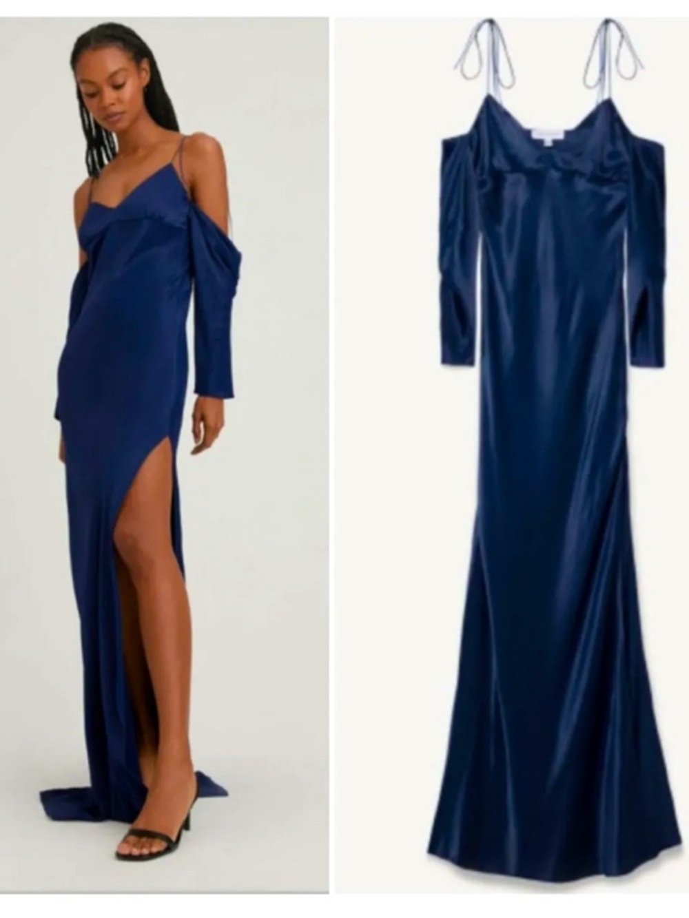 Something Navy Satin Shoulder Tie With Sleeves Maxi Dress